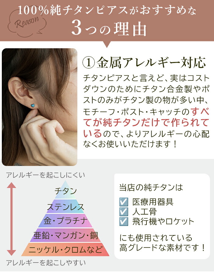 セカンドピアス 純チタン 軸太0.75mm 長さ10mm つけっぱなし 100％純チタン ピアス ハート 金属アレルギー対応 返金保証 医療用 片耳 1個 耳たぶ