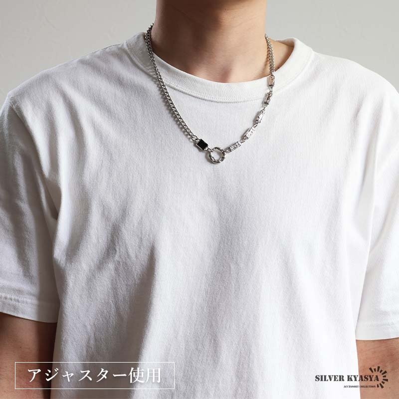 ステンレス ストーンネックレス デザインネックレス 幾何学ネックレス アシンメトリー シルバー ブラックストーン 原宿 韓流 お洒落 喜平チェーン メンズ 男性 金属アレルギー対応