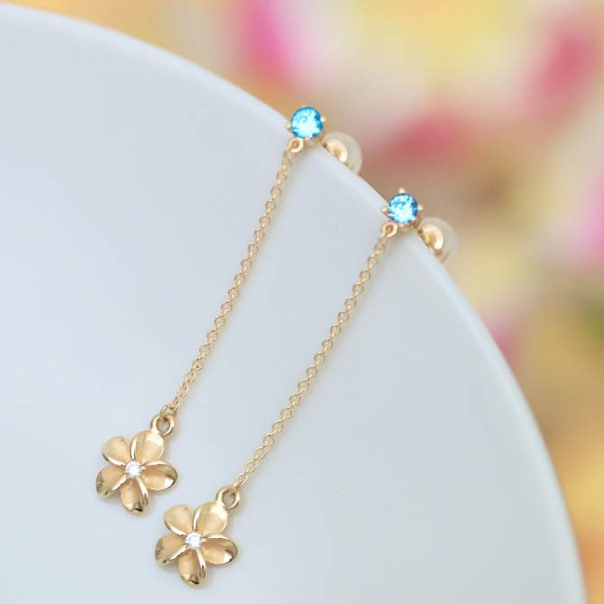 ハワイアンジュエリー ピアス プルメリア 3月の誕生石 アクアマリン チェーン カラーストーン 誕生石ピアス 片耳(1個)購入可 K14イエロー ピンク ホワイト 選べる シリコンキャッチ BY THE SEA バイザシー プレゼント ハロウィン 【品番：GE402-3】