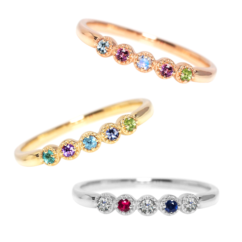 セミ オーダーメイド リング 指輪 誕生石 1.5mm 5石 Ties K10 K18 10K 18K 10金 18金 プラチナ 女性 レディース 誕生日 記念日 プレゼント ギフト 誕生日プレゼント ファミリーリング 刻印 名入れ 20代 30代 40代 妻 彼女 天然石 ダイヤモンド ミルグレイン ゴールド ピンクゴールド イエローゴールド 選べる アクセサリー アレルギー対応 金属アレルギー