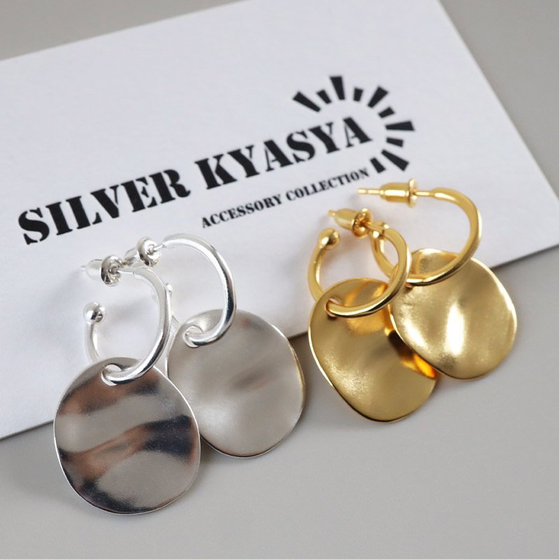 シルバー925 タタキ フープピアス プレート チャーム 大ぶりピアス ドロップピアス スタッドピアス ゴールド 18KGP シルバー 大きめ ゆがみ 揺れる メタル 両耳2点 レディース 女性 金属アレルギー対応 イヤリング