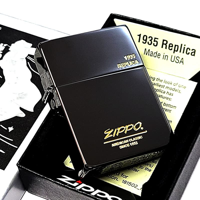 ZIPPO ライター 1935復刻 レプリカ ジッポ オールドロゴ ブラックニッケル 金差し 角型 外ヒンジ 3バレル シンプル 彫刻 黒 おしゃれ 高級 メンズ かっこいい プレゼント ギフト