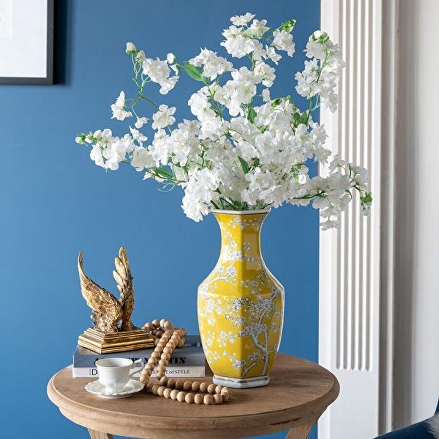 シノワズリ 花びん 六角 高さ36cm イエロー 磁器 フラワーベース 花瓶 花器 ディスプレイ 置物 風水 開運