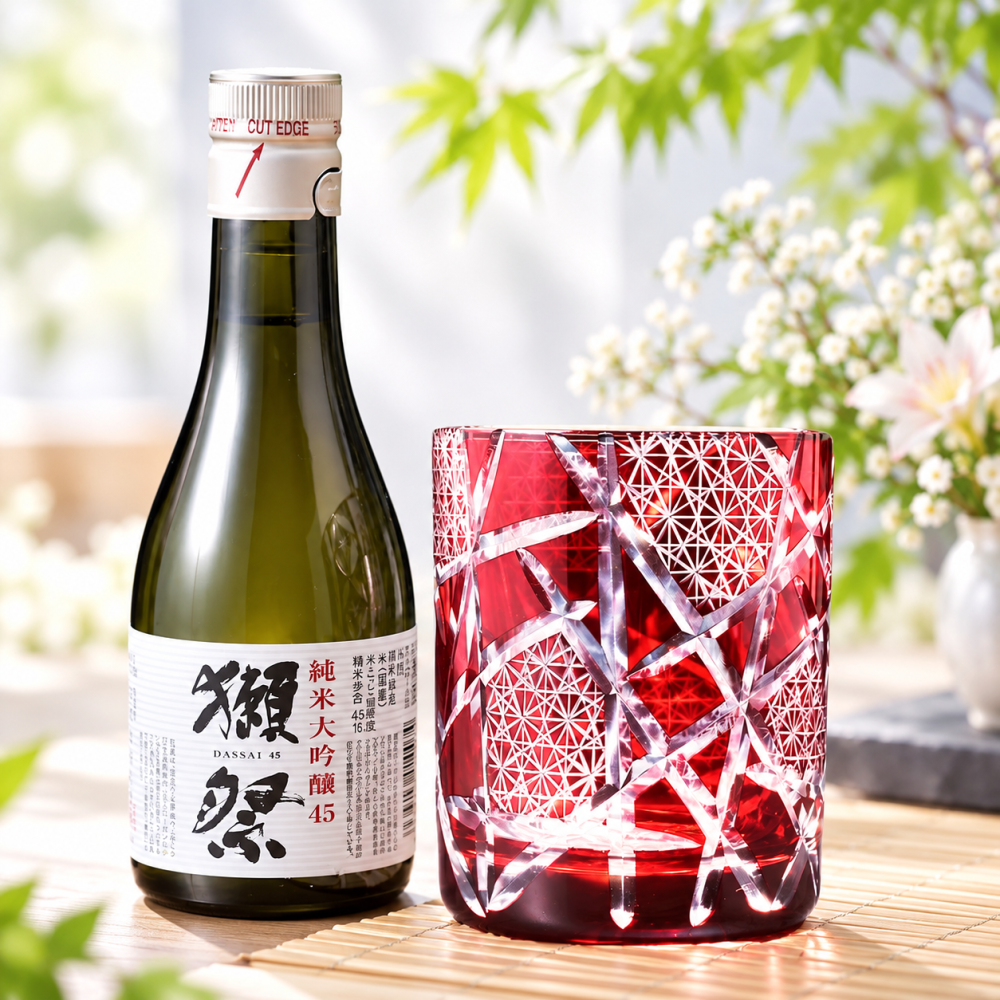 敬老の日 退職 名入れ SXX 酒セット 獺祭 純米大吟醸 45 180ml & 江戸菱硝子 モダン紋様 オールドグラス ギフトBOX入り / プレゼント ギフト 退職 記念 誕生日 還暦 古希 喜寿 傘寿 米寿 緑寿 早寿 長寿 祝い 赤 青 紫 黒 選べるカラー