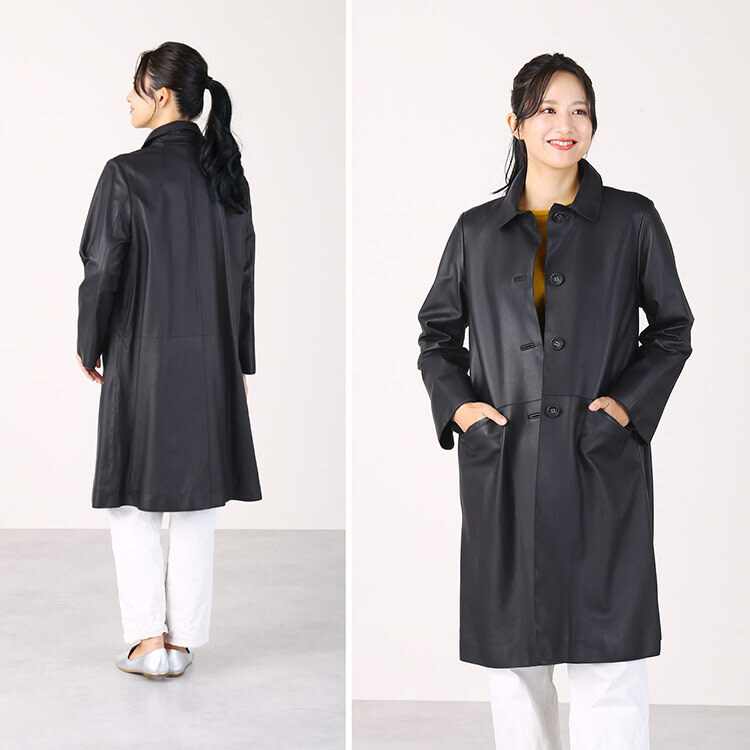 本革 レザーコート レディース ラム革 軽い 秋 ステンカラー ロングコート カジュアル アウター 革コート 女性 大人 上品 ネイビー 7号 9号 11号 13号 レザー コート ステンカラーコート 革 ギフト プレゼント 6F (04000093r)