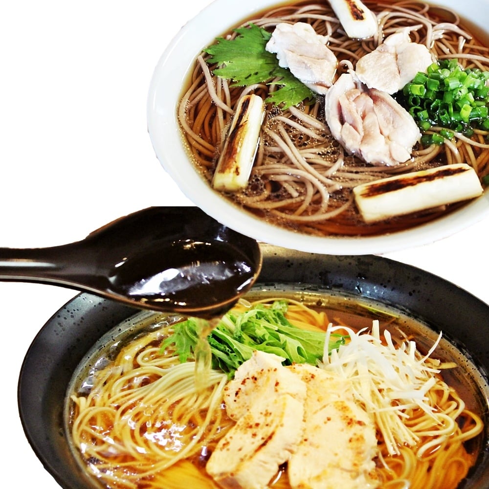 一つのスープを２種の麺で２つの味わいが美味しい鴨スープ♪【鴨ラーメン＆鴨蕎麦　食べ比べ！】6人前セット　一つのスープで２種アレンジ♪