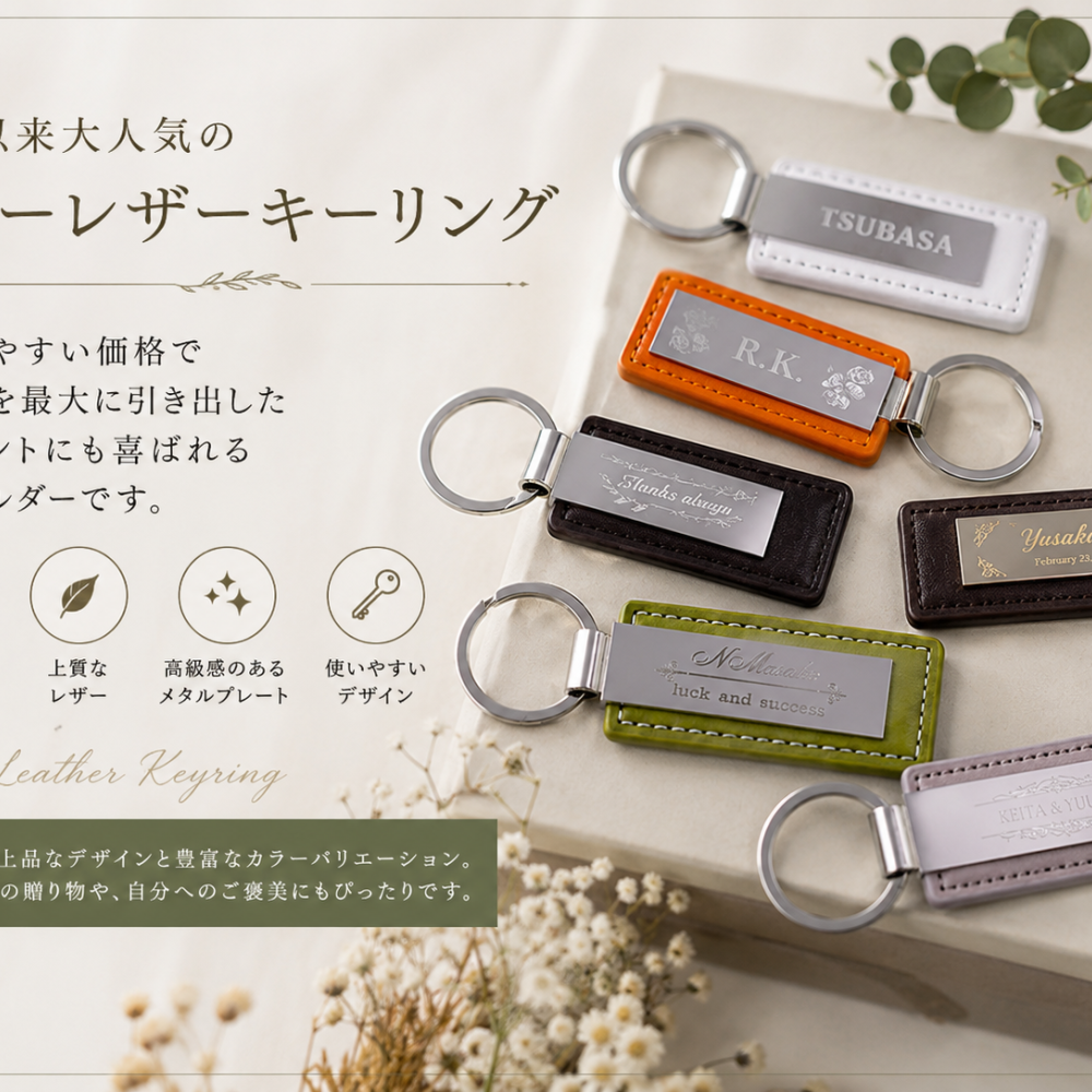 敬老の日 名入れ リニューアル　カラーレザーｘメタルプレートキーホルダー