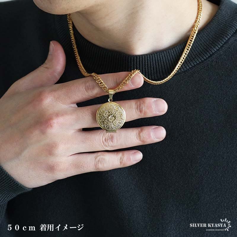 ステンレス ロケットネックレス ダブル喜平チェーンネックレス ロケットペンダント フラワーネックレス 写真 記念 思い出 ハワイアンネックレス 50cm 60cm ゴールドネックレス 18KGP シルバー 花 6面カット メンズ 男性 金属アレルギー対応