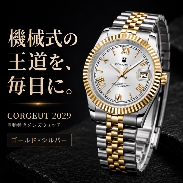 自動巻き腕時計 メンズ 40代 オマージュウォッチ 機械式 手巻き 36mm ローマ数字インデックス 日付 CORGEUT 2029