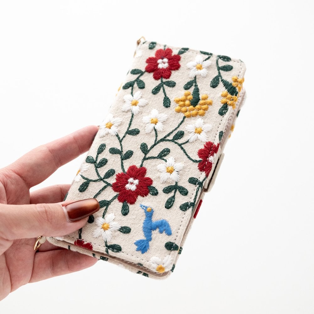 多機種対応 スマホケース 手帳型 【 花と鳥 】 刺繍 サイドマグネット 北欧風 フラワー プレゼント