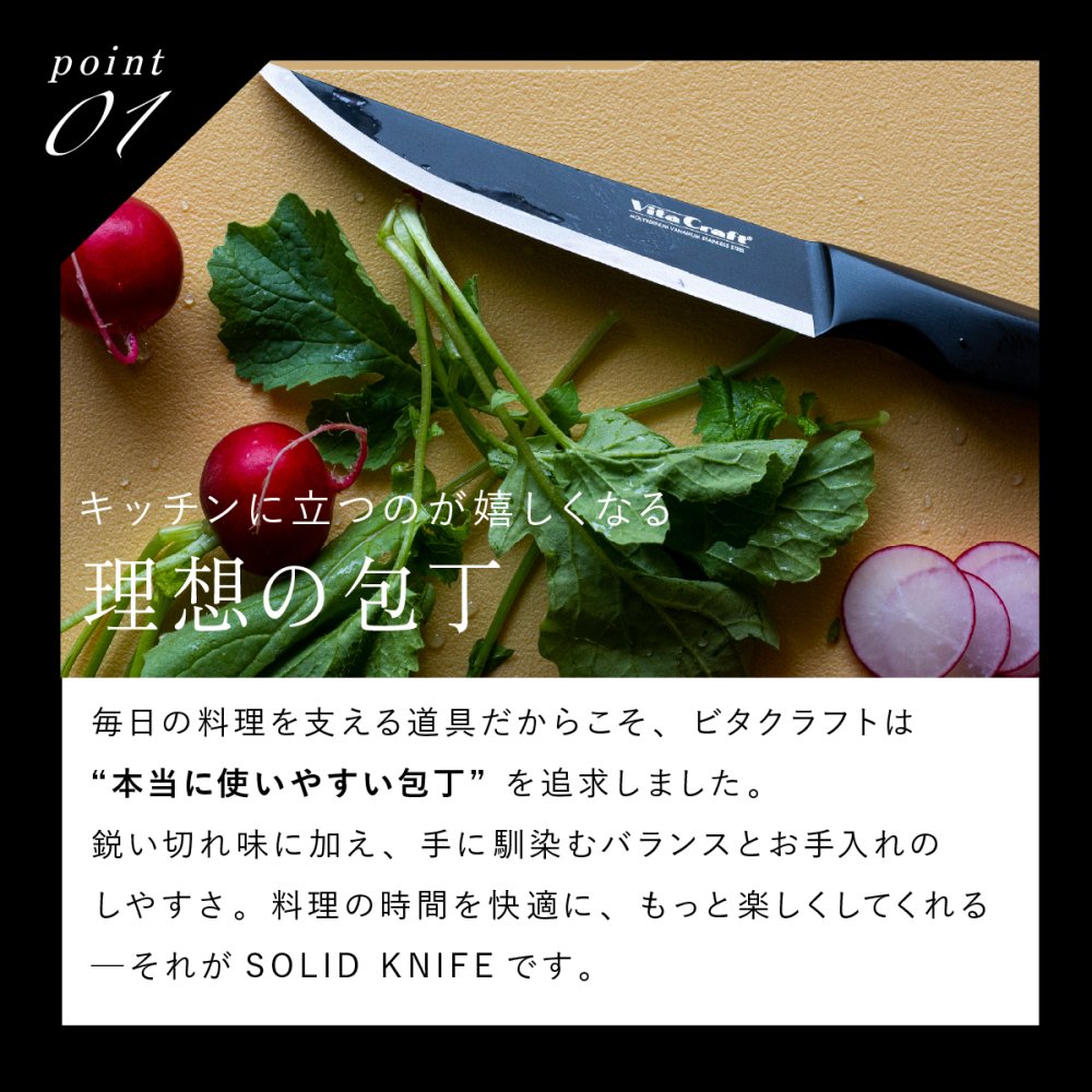 ペティナイフ ビタクラフト ソリッドナイフ ブラック Vita Craft SOLID KNIFE THE UTILITY VC-SK01U BK 果物ナイフ 小型包丁 オールステンレス 一体型 先端波刃 刃渡り12.2cm 軽量 食洗機対応 皮むき フルーツ 野菜 下ごしらえ 卓上 料理 結婚祝い 新生活 プレゼント ギフト