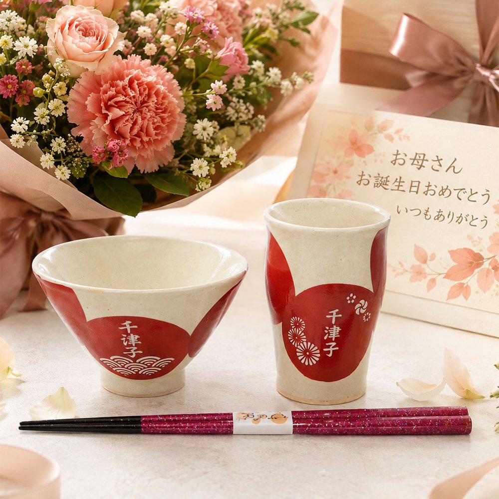 名入れ ギフト SXX 波佐見焼 食器セット 円 MADOKA 茶碗　湯呑 と おまかせ箸 赤 青 3点　お一人様セット　木箱入り