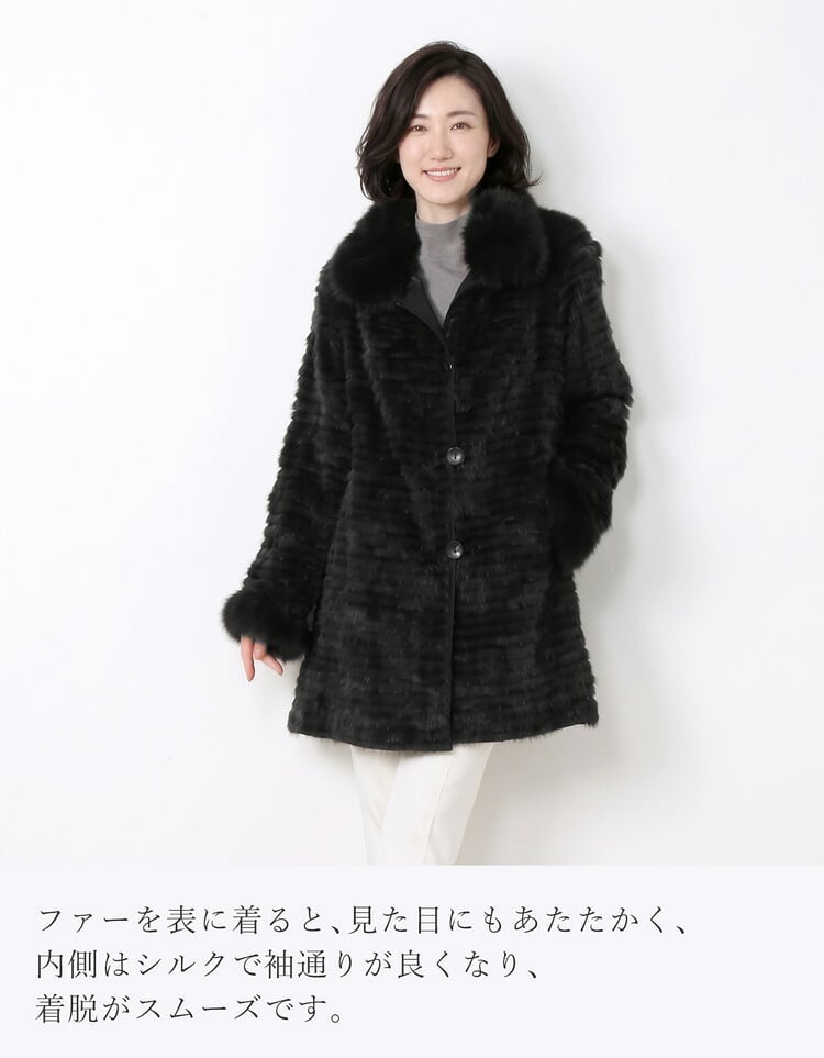 シルク ＆ ロシアンセーブル コート リバーシブル 着丈85cm レディース ブラック ギフト プレゼント 7F (01000858r)