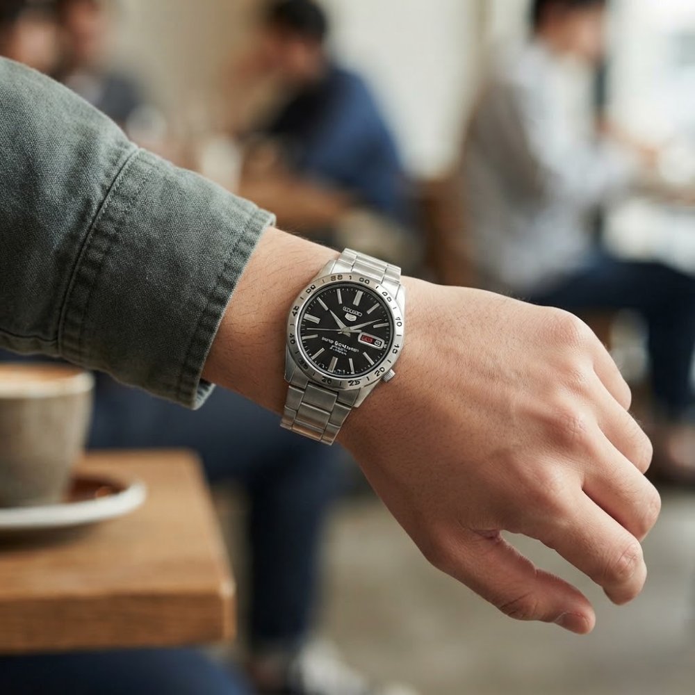 セイコー5 腕時計 メンズ 自動巻き ブラック シルバー SEIKO 5 海外モデル 逆輸入 メタルベルト 曜日 日付 裏蓋スケルトン 機械式時計 誕生日 プレゼント ギフト 収納ケース付き 成人 卒業 入学