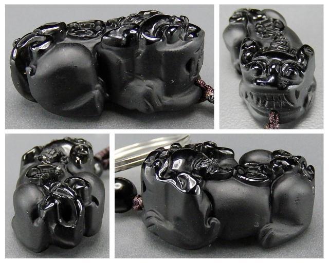 ヒキュウ天然石オブシディアンフロスト加工キーホルダー中大型まよけ
