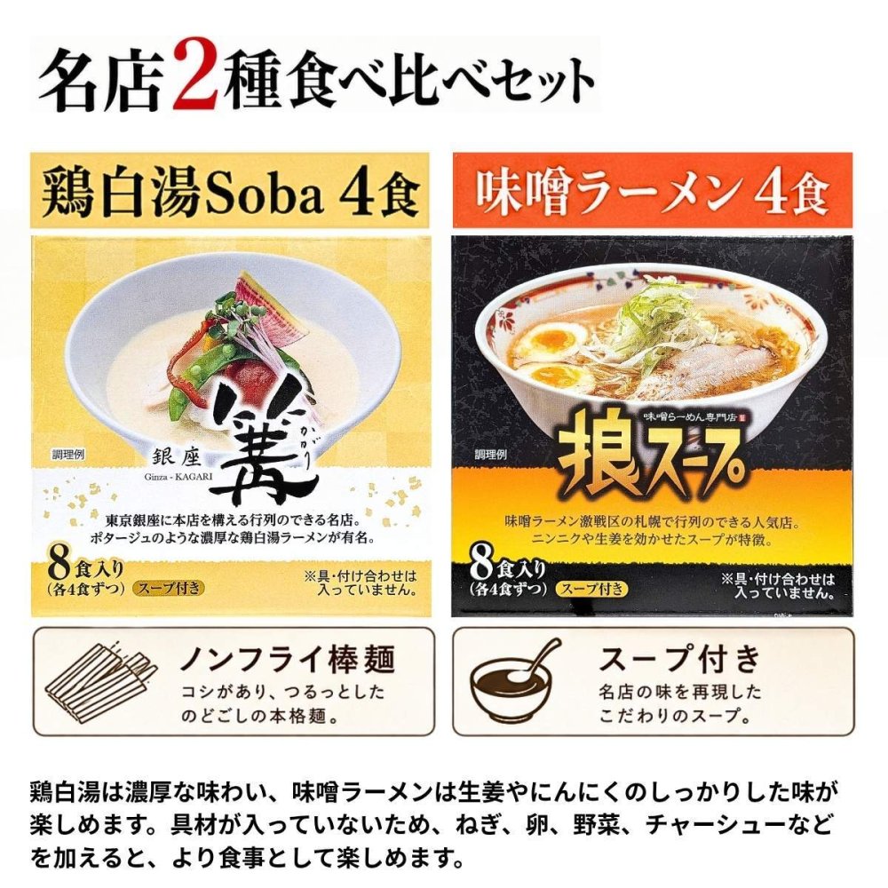 選りすぐりの名店ラーメン 銀座 篝 (かがり) 鶏白湯 (とりぱいたん)とSoba 狼スープ 味噌ラーメン 2種8食入り スープ付き 日本ピュアフード #75629