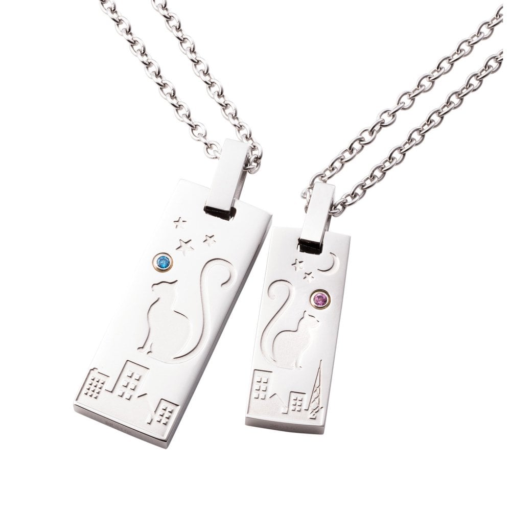 【送料無料】【名入れ無料】 ペアネックレス 2本セット ステンレス 誕生月カラーキュービック シェアハート しっぽ 猫 夜空 夜景 プレート サージカルステンレス316L アレルギーフリー アクセサリー ジュエリー プレゼント ギフト 記念日 white clover ホワイトクローバー 刻印無料 即日発送