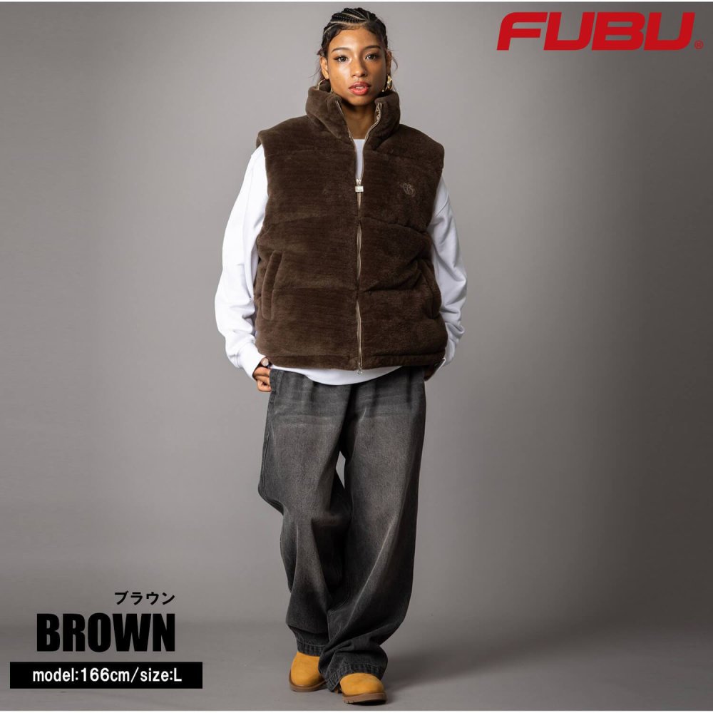 FUBU フブ 中綿ベスト メンズ フェイクファー パファー ダブルジップ エコダウン アウター ストリート あったか 防寒 保温 ヒップホップ ダンス オーバーサイズ ビッグシルエット 秋冬 M L XL XXL 大きいサイズ レディース fam-62306 2026FW karlas