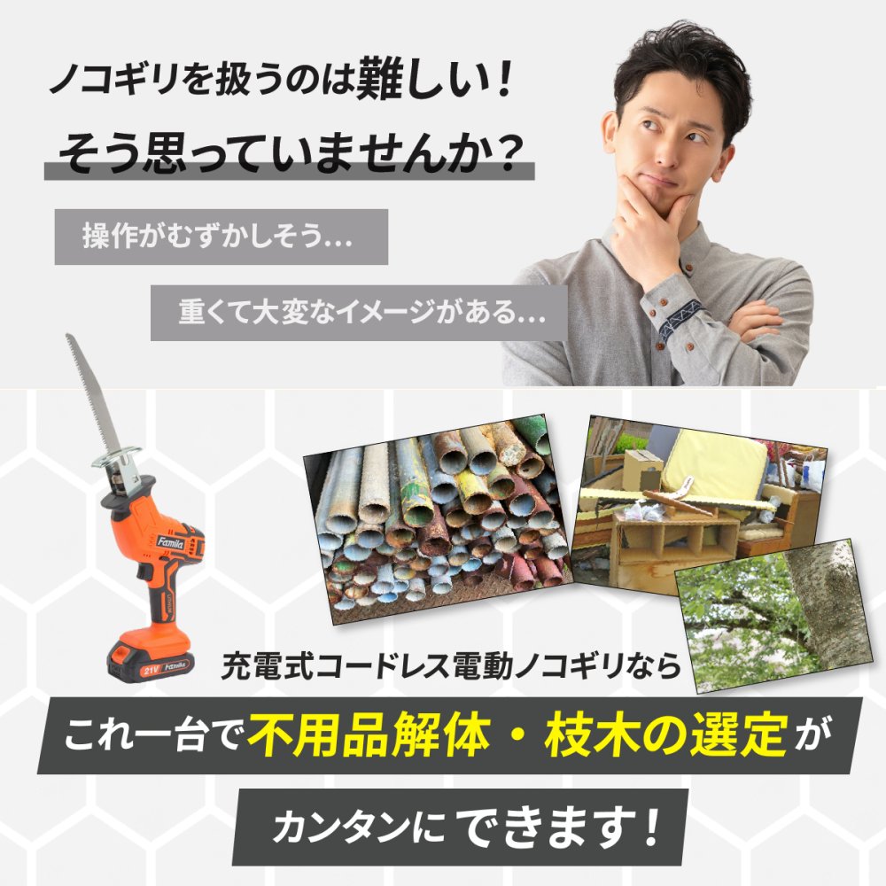 電動のこぎり 充電式 コードレスのこぎり 防刃手袋付き 予備バッテリー付き レシプロソー 最大3000回転 15mmストローク 替え刃4枚 木材 金属 プラスチック 枝切り 庭木 剪定 粗大ごみ 解体 DIY 日曜大工 LEDライト ロック機能 軽量 収納ケース 家庭用 ファミリー・ライフ