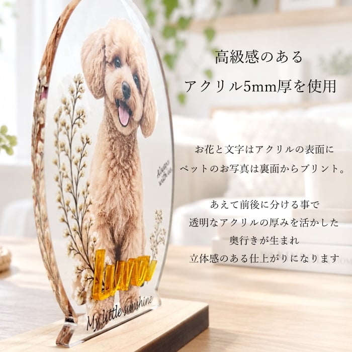 うちの子フラワーアクリルスタンド　　名入れ オーダーメイド 犬 猫 うさぎ ペット 透明 プレゼント ギフト 写真立て フォトスタンド 記念 メモリアル ナチュラル 可愛い アクスタ 遺影 位牌