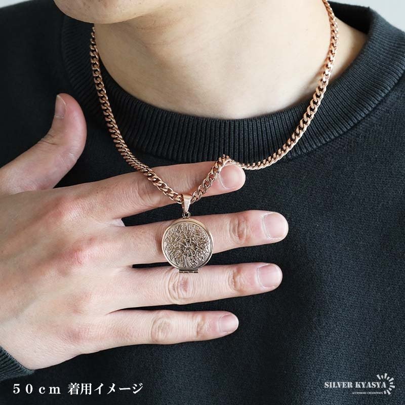 ステンレス ロケットネックレス HIPHOP 喜平チェーンネックレス ロケットペンダント フラワーネックレス 写真 記念 思い出 ハワイアンネックレス 50cm 60cm ピンク 花 6面カット メンズ 男性 金属アレルギー対応