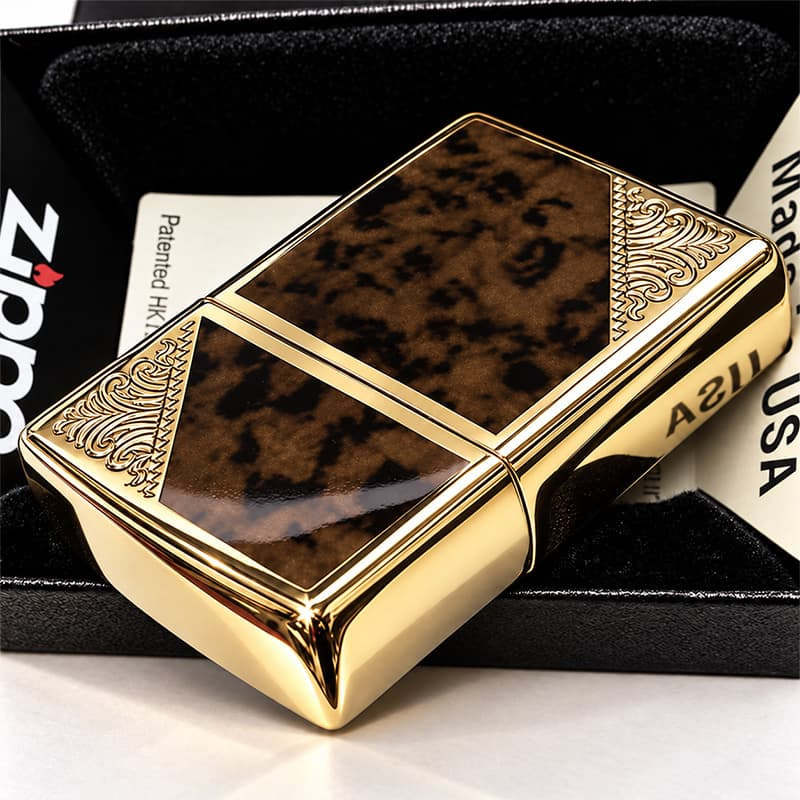 ZIPPO ライター ジッポ ゴールド＆ブラウン クラシック アラベスク 両面加工 マーブル柄 金タンク かっこいい ギフト メンズ プレゼント