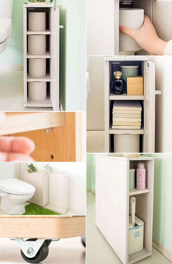ラック スリムトイレ トイレ収納 トイレットペーパーストッカー ペーパーストッカー サニタリー サニタリー収納 掃除用具 可動棚 キャスター付き 木目柄 木目調 省スペース おしゃれ シンプル 北欧 ホワイト ナチュラル ブラウン 新生活