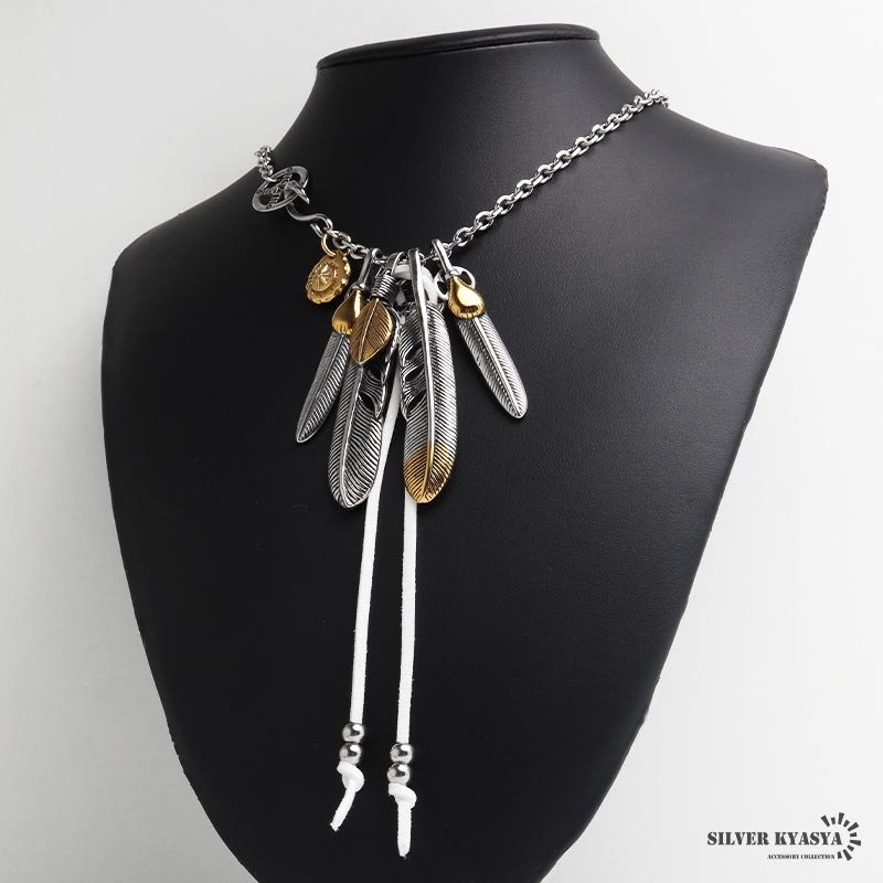 ステンレス フェザーネックレス インディアンジュエリー ペンダントネックレス メンズネックレス シルバー ゴールド 太角 あずきチェーン 細身 羽根 イーグル 精巧 立体的 男性 金属アレルギー対応