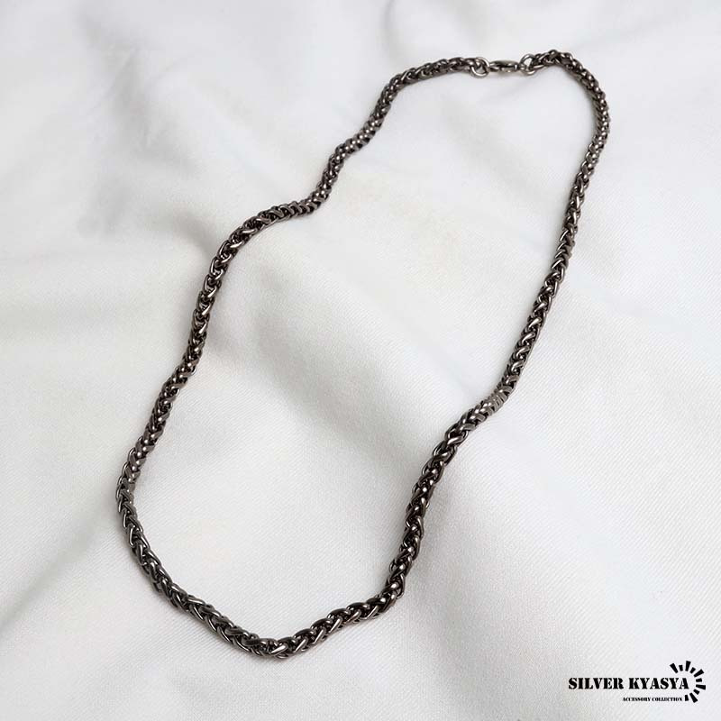 チタン 幅4mm スピガチェーンネックレス シルバー メンズ ウィートチェーン 細身 ボリューム感 編み込み デザイン アクセサリー シック 立体感 大人 シンプル カジュアル 首飾り 単品使い 重ね着け 金属アレルギー対応