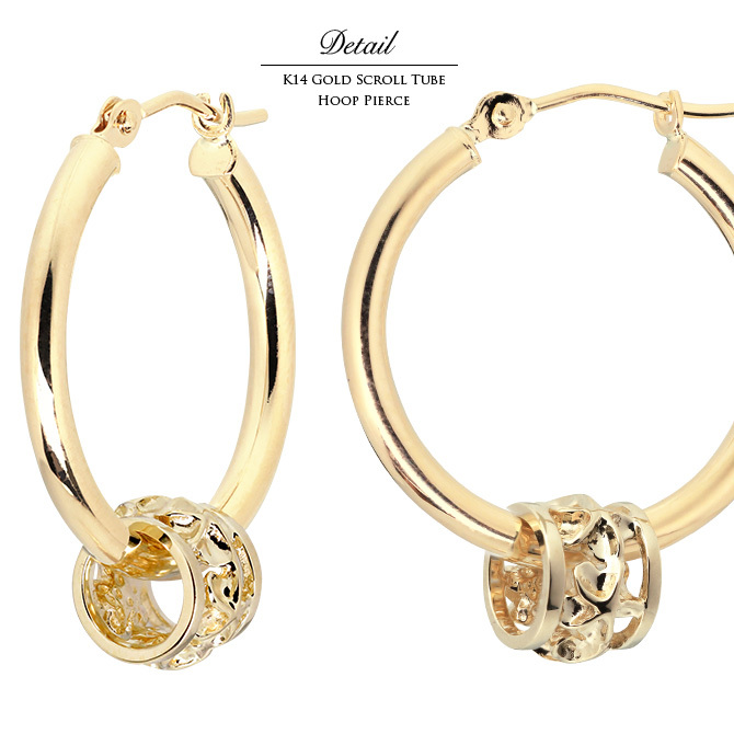 ハワイアンジュエリー フープピアス ピアス イエローゴールド ピアス 外径20mm クロッシングピアス プルメリア 透かし バレル 樽 大ぶり ゴールド 揺れる 片耳(1個)購入可 K14イエローゴールド 20G ゲージ BY THE SEA バイザシー プレゼント ハロウィン 【品番：GE231】