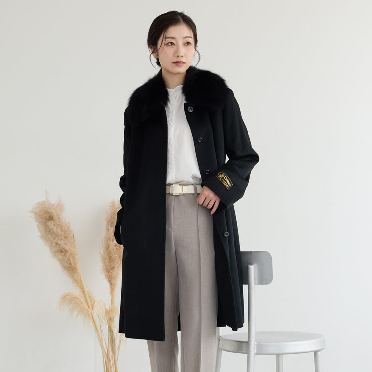 カシミヤ100％ ロングコート 13号 大きいサイズ フォックス ファー付き レディース 秋 冬 ロング ロング丈 カシミヤコート コート ブラック 30代 40代 50代 母 女性 ギフト プレゼント 6F (4152r)