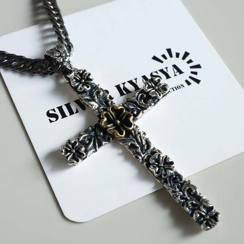 シルバー925 クロスネックレス フラワーネックレス アンティーク ペンダントネックレス ダブル喜平 6面カット 50cm 60cm シルバー 燻し ブラック 十字架 花 個性的 金剛杵 メンズ 男性 金属アレルギー対応
