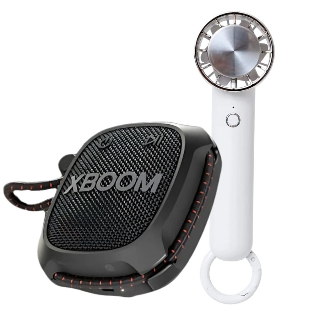 【2点 アウトドアセット】ペルチェ 冷却プレート搭載 ハンディファン ホワイト LCAF004 ＆ LG XBOOMGo スピーカー XG2TBK ポータブルスピーカー アウトドア キャンプ 釣り おしゃれ 夏 熱中症対策