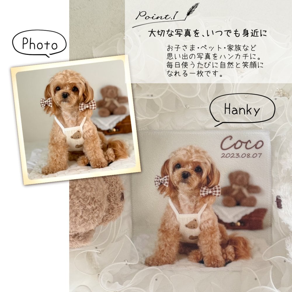 写真入りハンカチ 名入れ無料 オーダーメイド オリジナル 名入れグッズ うちの子グッズ 出産祝い お誕生日 内祝い ノベルティ プチギフト プレゼント 七五三 父の日 母の日 敬老の日 ホワイトデー クリスマス 行事 孫 ペット 卒園 卒業 卒団 記念品 誕生日プレゼント 推し活