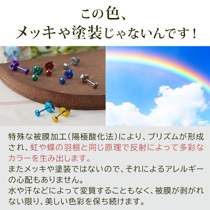 セカンドピアス チタン つけっぱなし 純チタン ボタン 金属アレルギー 日本製 ポスト 軸太0.75mm 長さ10mm 全8色 全品1個ずつバラ売り 医療用 おすすめ かわいい シンプル 小さめ ミニ 極小 人気 プレゼント