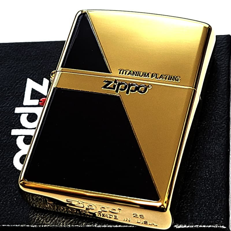ZIPPO ライター 金チタン ジッポ ロゴ ブラック&ゴールド かっこいい 黒金 チタンコーティング 彫刻 おしゃれ 高級 メンズ ギフト プレゼント