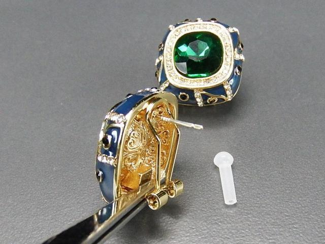 七宝焼グリーン17面カット人工石合金大ぶりピアスシルバー925ポスト