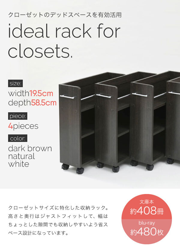 ラック キャスター付き 収納 クローゼット 4個セット 幅19.5奥行58 .5 スリム 押し入れ収納 本棚 ワゴン 隙間 棚 漫画 CD DVD スライド シンプル コミック 新生活