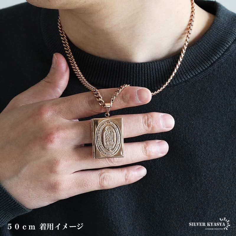 ステンレス ロケットネックレス HIPHOP 喜平チェーンネックレス ロケットペンダント マリアネックレス 写真 記念 思い出 50cm 60cm ピンク 聖母 6面カット 男性 メンズ 金属アレルギー対応