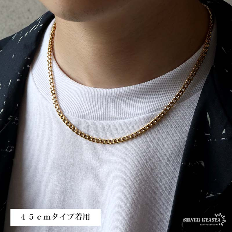 チタン 幅4mm 喜平ネックレス ゴールド メンズ 細身 チェーン アクセサリー シンプル 首飾り 金色 ベーシック カジュアル きれいめ 大人 スタイリッシュ 単品使い 重ね着け コーディネート 定番デザイン 金属アレルギー対応