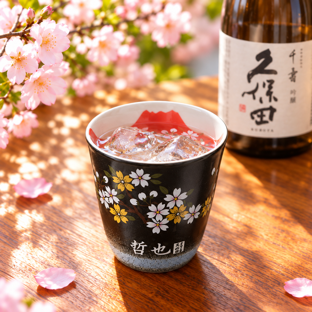 退職 異動 名入れ 有田焼 陶器 開運赤富士 縁起の良い　焼酎カップ  単品　木箱入り　還暦祝　退職祝い　