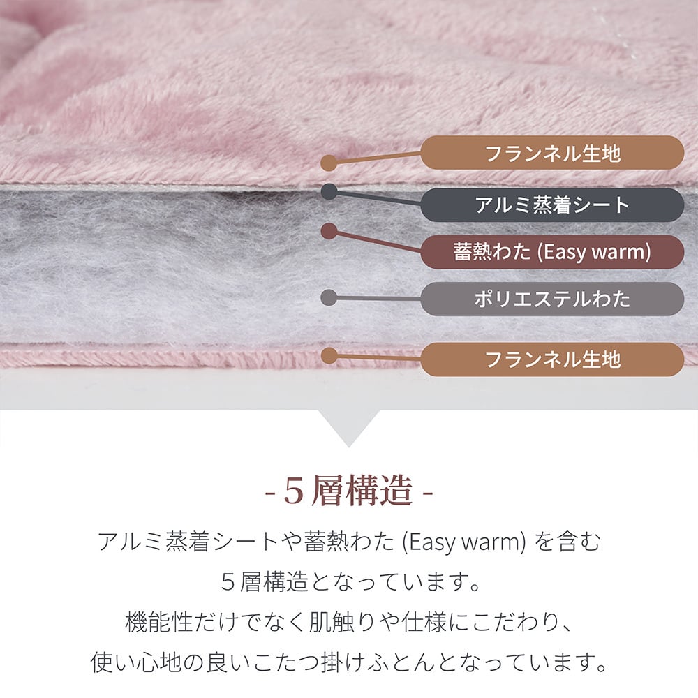 5層構造 あったか こたつ掛け布団 フランネル アルミシート入り 190cm 240cm 260cm 秋冬用 保温 蓄熱 断熱  こたつ布団 ふとん 薄掛けふとん キルトケット 暖かい 洗える 洗濯可能 Easy warm わた使用 韓国インテリア おしゃれ かわいい ピンク グレー ベージュ 送料無料