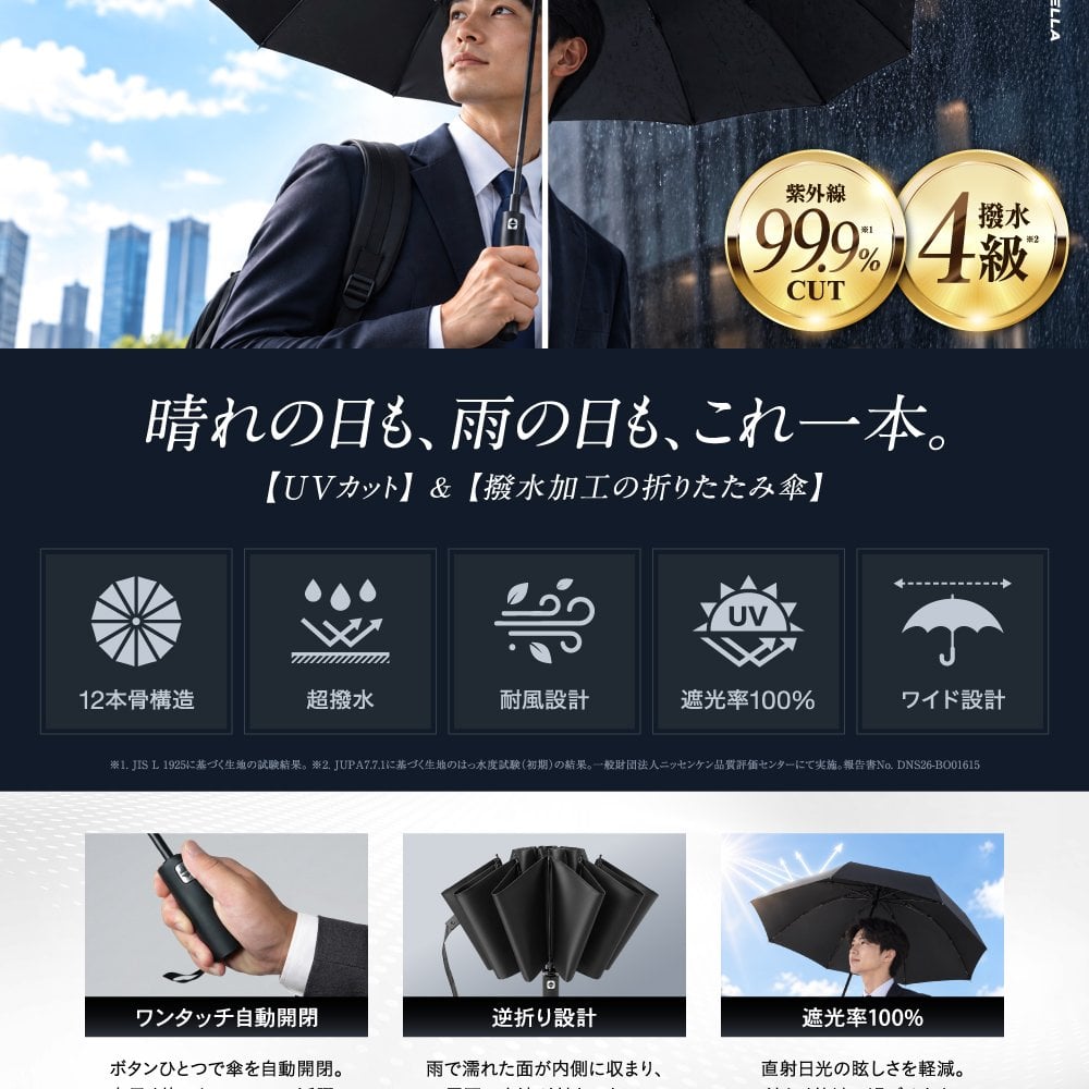おりたたみ傘 折りたたみ傘 日傘【国内試験済み】大きいサイズ メンズ 晴雨兼用【UVカット99.9％】逆折り式 12本骨 UPF50+