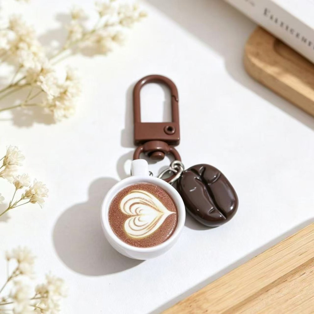 コーヒー キーホルダー 2点セット ミニチュア コーヒーカップ コーヒー豆 バッグチャーム カラビナ キーリング カフェ ラテアート おしゃれ かわいい バッグ 飾り プレゼント