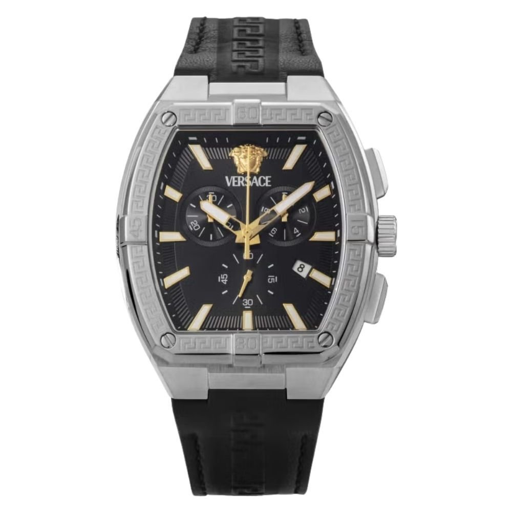 ヴェルサーチェ 腕時計 メンズ ブラック シルバー ゴールド クロノグラフ 44mm VERSACE SPORTY TONNEAU GRECA スポーティ トノー グレカ 黒 レザー 革ベルト スイス製 高級 ブランド プレゼント ギフト 卒業 入学 お祝い