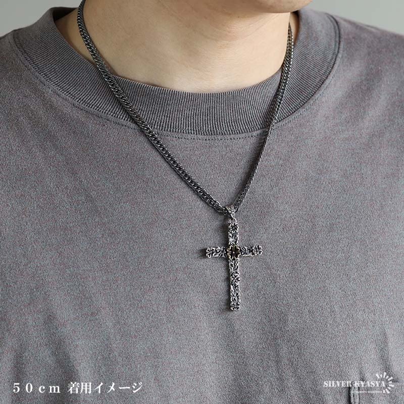 シルバー925 クロスネックレス フラワーネックレス アンティーク ペンダントネックレス ダブル喜平 6面カット 50cm 60cm シルバー 燻し ブラック 十字架 花 個性的 金剛杵 メンズ 男性 金属アレルギー対応
