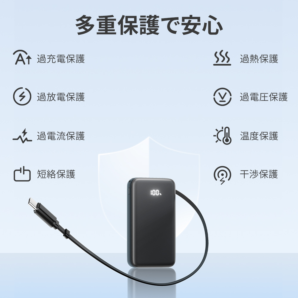 モバイルバッテリー 巻き取り式 ケーブル一体型 20000mAh 20W 3台同時充電 Type-Cケーブル内蔵 Type-C /USB-A出力 リール 伸縮ケーブル PD対応 残量表示 PSE認証済 機内持込可 旅行 出張 停電対策 防災グッズ