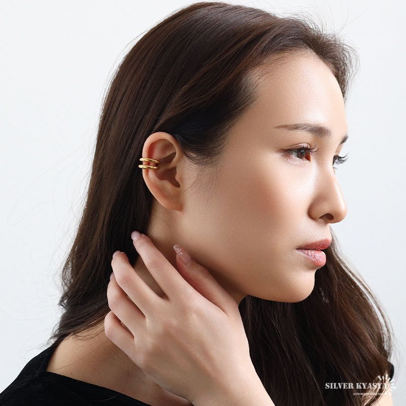 ステンレス 2連イヤーカフ シンプル ライン メタルイヤーカフ 重ね付け風 ゴールド 18KGP ミックス 片耳1点 可愛い プチプラ 耳の穴不要 痛くない レディース 女性 金属アレルギー対応フェイクピアス ノンホール イヤリング
