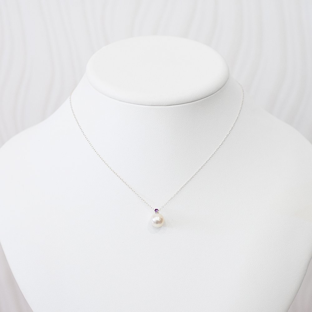 ［pearl598］8mm - 8.5mm ホワイトピンク ペンダント ネックレス 2月 誕生石 アメジスト あこや真珠