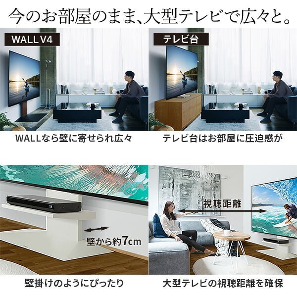 WALLインテリアテレビスタンドV4+棚板セット 2点セット 50~100v対応 フロアタイプ 壁寄せテレビ台 テレビボード TVスタンド 背面収納 コード収納 ホワイト 白 ブラック 黒 ウォールナット ブラウン テレビ台